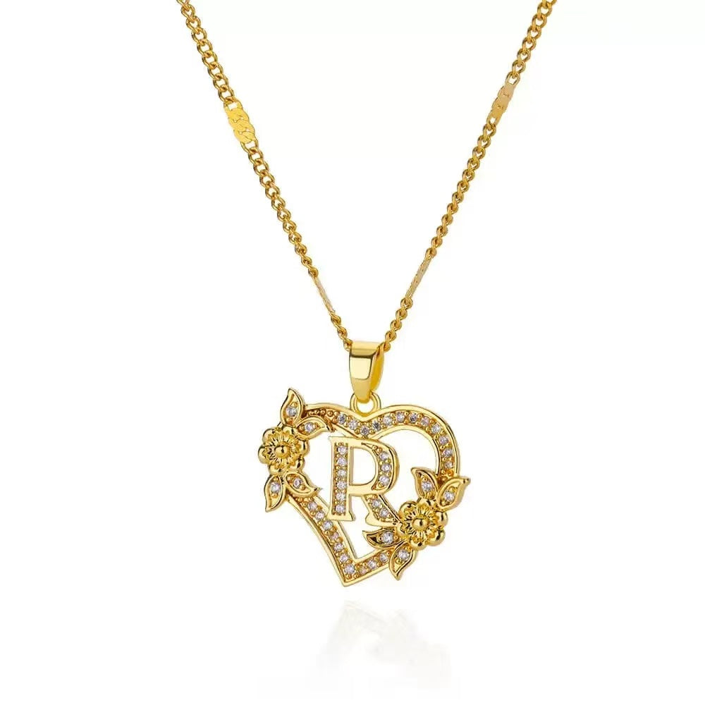 Gold Tone Heart Initial Pendant Necklace with Floral Detail, Sparkling Letter Charm Necklace, Romantic Jewelry Gift for Women