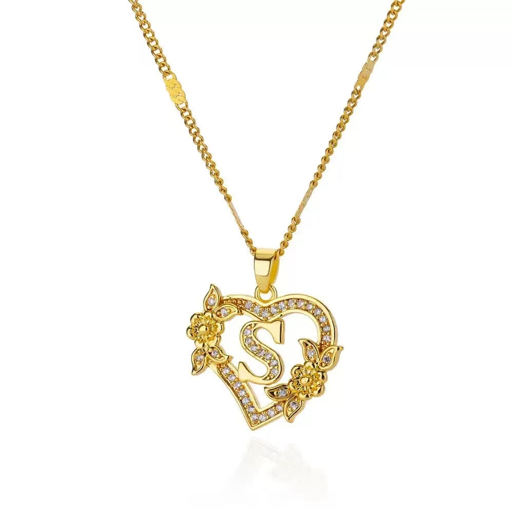 Gold Tone Heart Initial Pendant Necklace with Floral Detail, Sparkling Letter Charm Necklace, Romantic Jewelry Gift for Women