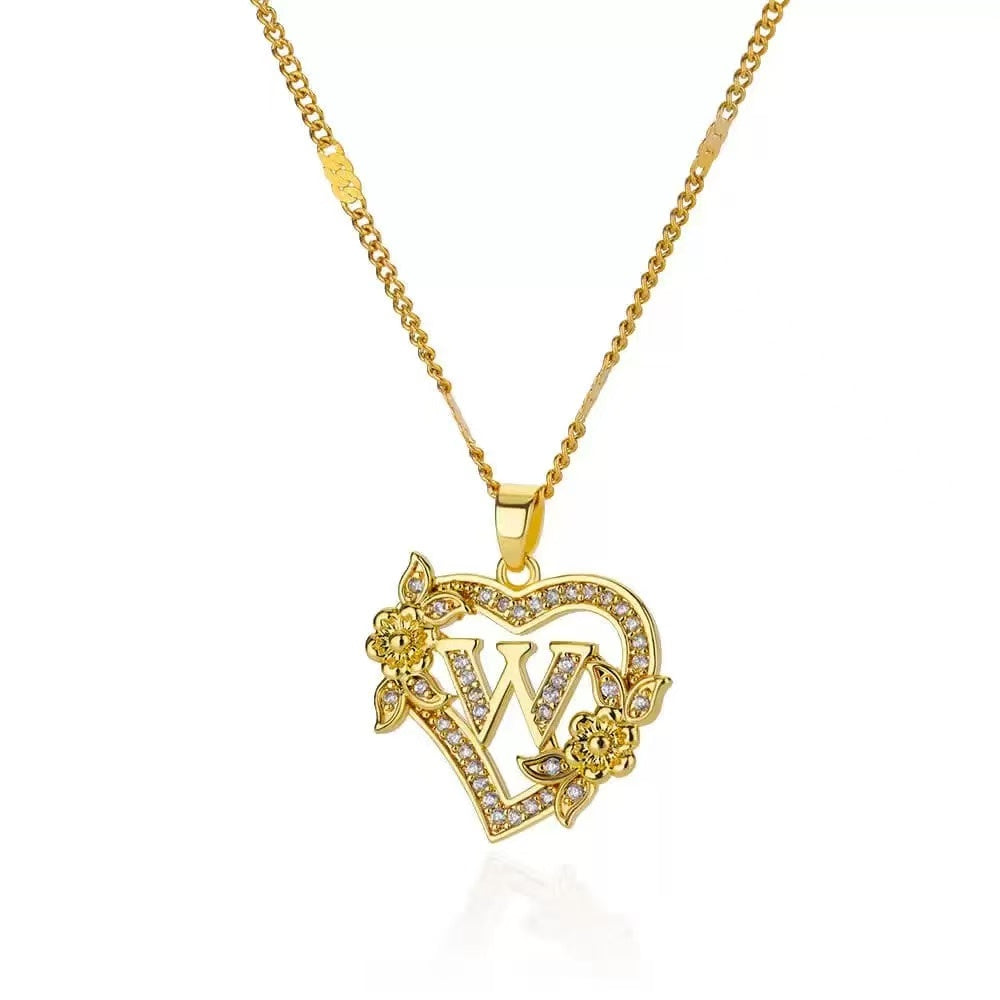 Gold Tone Heart Initial Pendant Necklace with Floral Detail, Sparkling Letter Charm Necklace, Romantic Jewelry Gift for Women