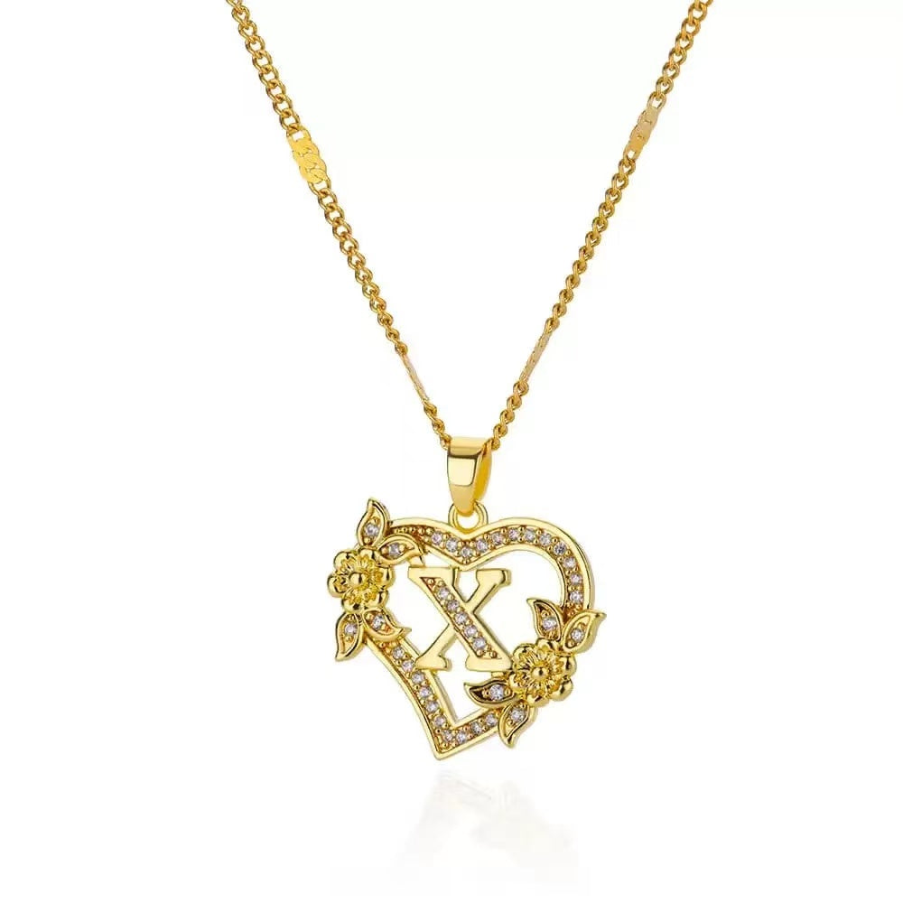 Gold Tone Heart Initial Pendant Necklace with Floral Detail, Sparkling Letter Charm Necklace, Romantic Jewelry Gift for Women