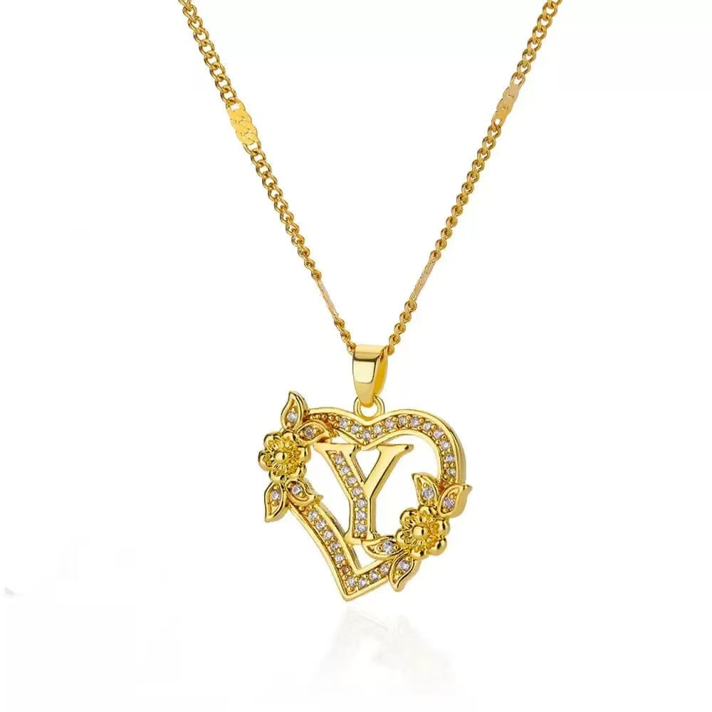 Gold Tone Heart Initial Pendant Necklace with Floral Detail, Sparkling Letter Charm Necklace, Romantic Jewelry Gift for Women