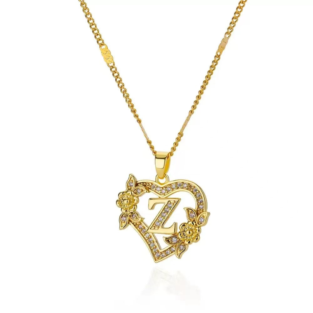 Gold Tone Heart Initial Pendant Necklace with Floral Detail, Sparkling Letter Charm Necklace, Romantic Jewelry Gift for Women
