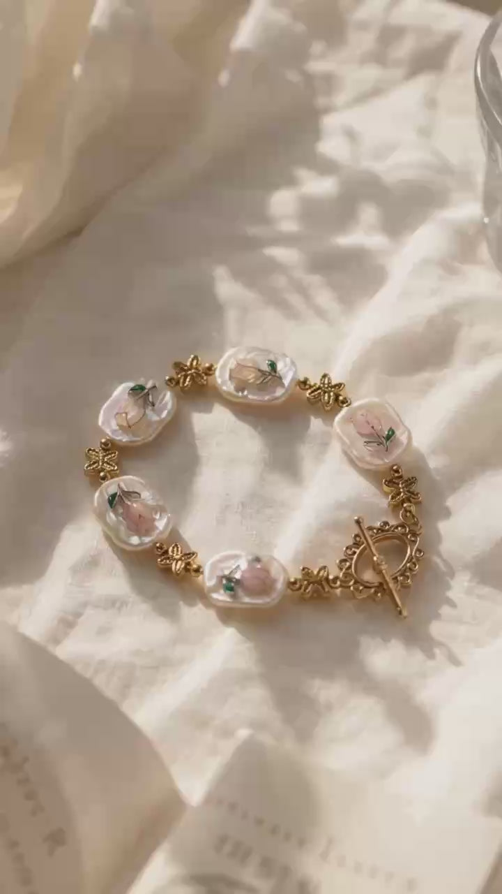 Floral Mother of Pearl Bracelet – Gold Butterfly & Pink Flower Statement Jewelry