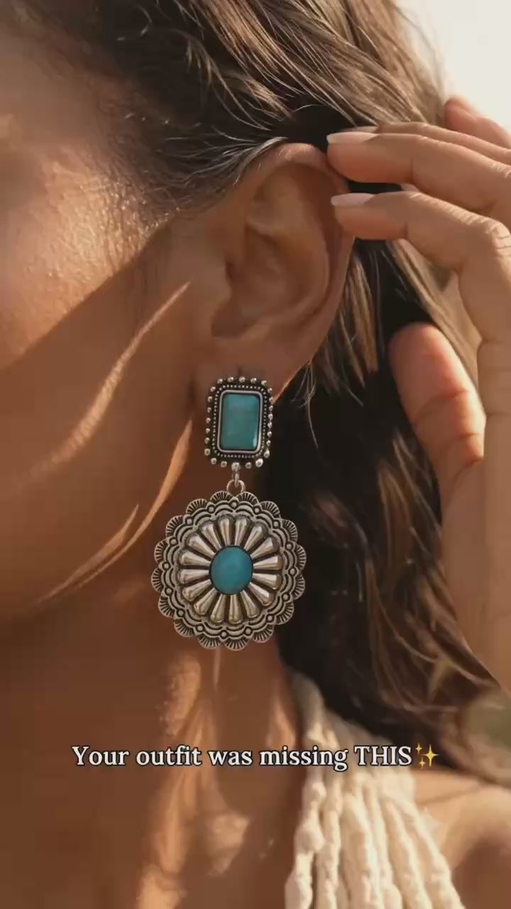 Festival Vacation Jewelry Gift,Boho Turquoise Teardrop Dangle Earrings for Women, Vintage Silver Tone Statement Drop Earrings