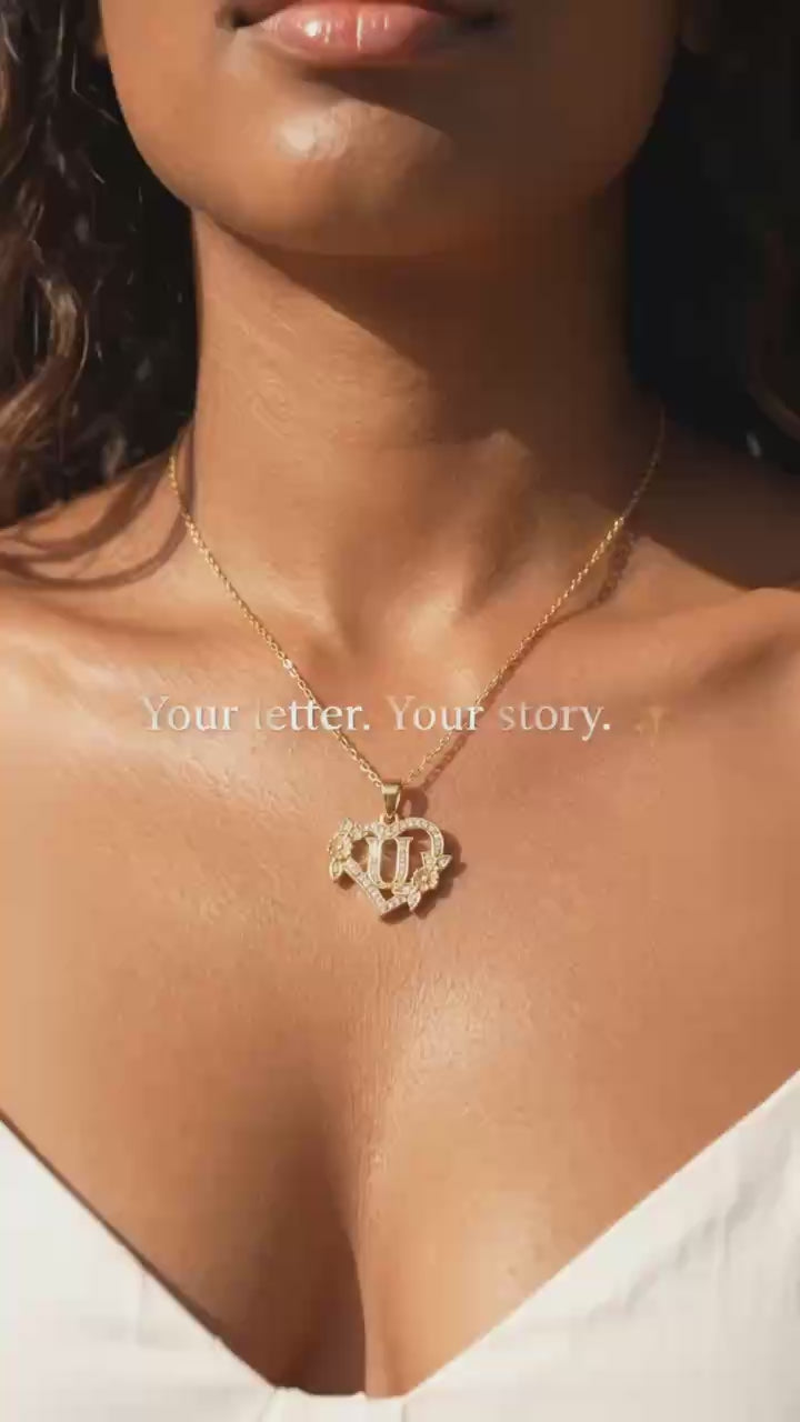 Gold Tone Heart Initial Pendant Necklace with Floral Detail, Sparkling Letter Charm Necklace, Romantic Jewelry Gift for Women