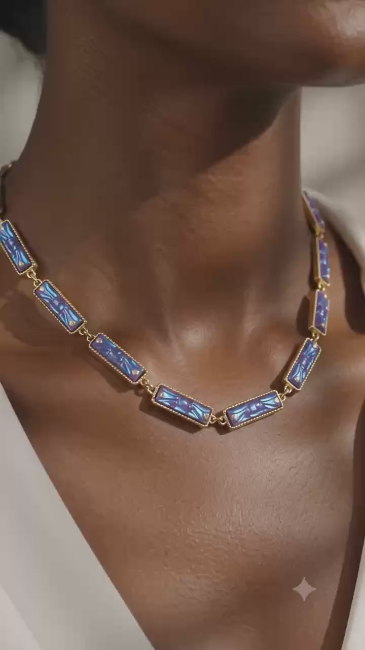 Elegant Blue Opal Necklace with Gold Tone Settings for Women's Fashion Jewelry