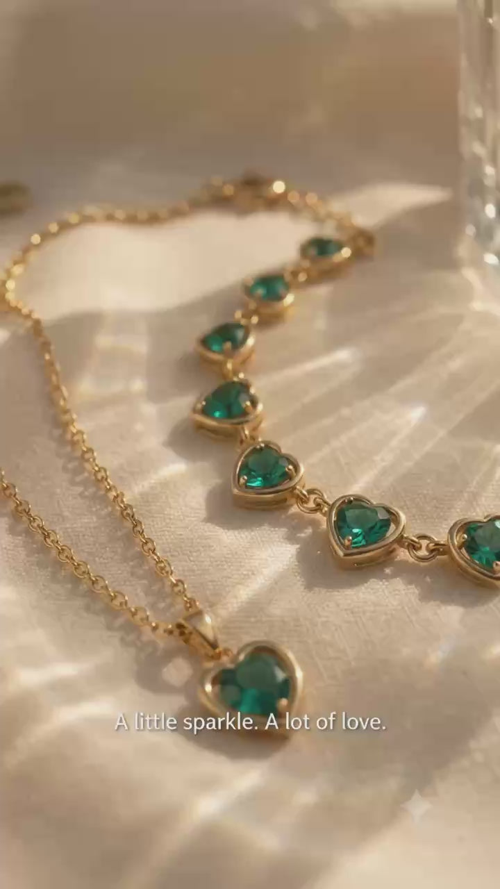 Green Heart Crystal Jewelry Set for Women, Gold-Tone Necklace, Bracelet, Ring & Stud Earrings, Elegant 4-Piece Gift Set