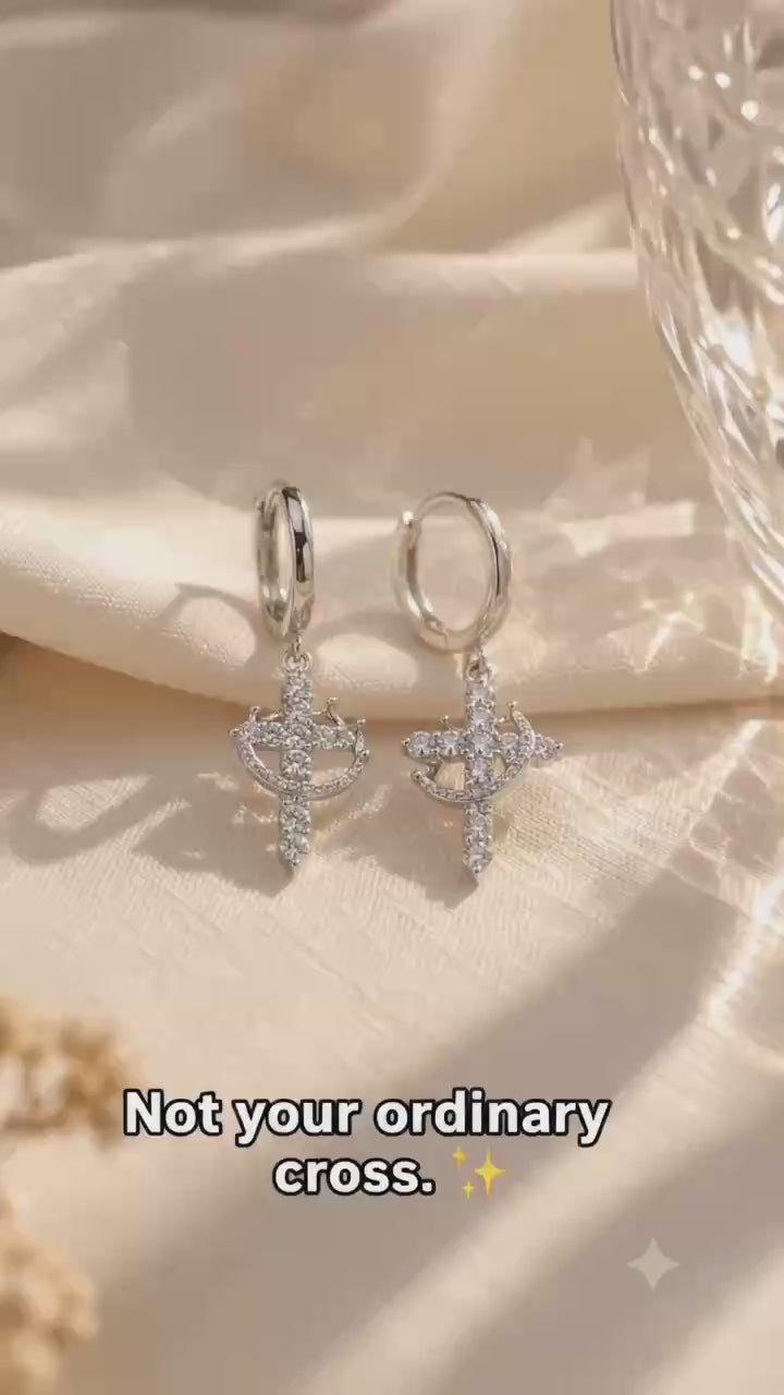 Gold Tone Cross Crown Dangle Earrings for Women, Sparkling Clear Stone Hoop Drop Earrings, Vintage Inspired Statement Jewelry, Gift for Her