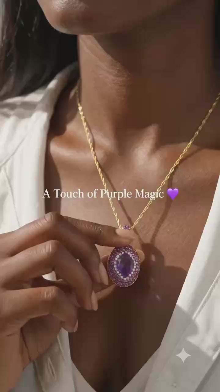 Amethyst Crystal Pendant Necklace Purple Gemstone Statement Jewelry Elegant Amethyst Pendant Necklace with Gold Chain and Rhinestones for Women's Fashion Jewelry