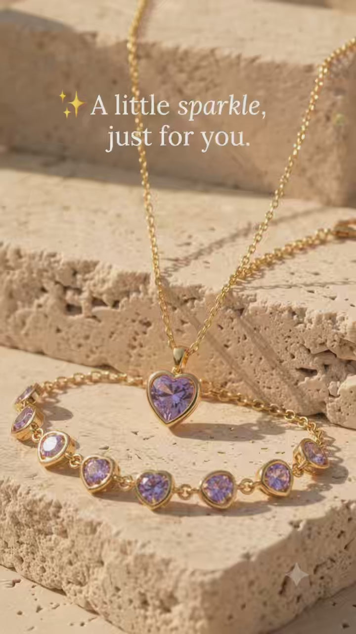 Purple Heart Crystal Jewelry Set for Women, Gold-Tone Necklace, Bracelet, Earrings & Ring, 4-Piece Elegant Jewelry Set