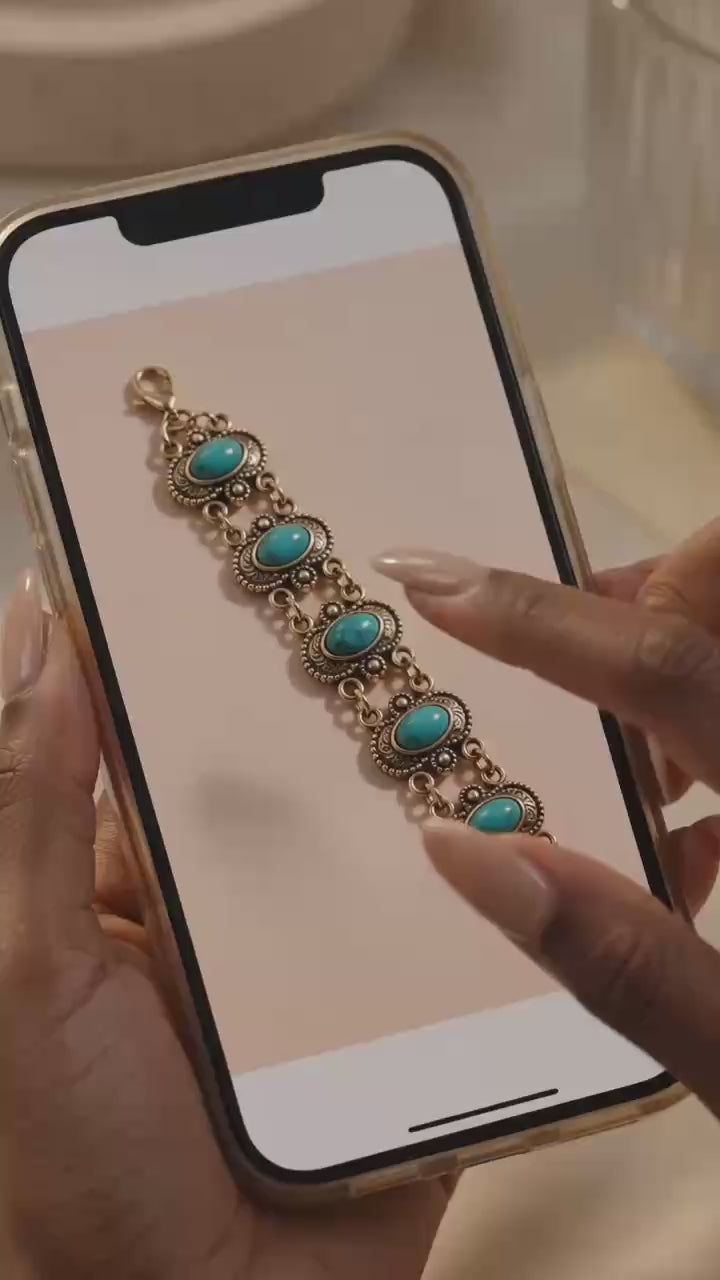 Elegant Turquoise Stone Bracelet with Intricate Silver Design for Women's Fashion Accessory