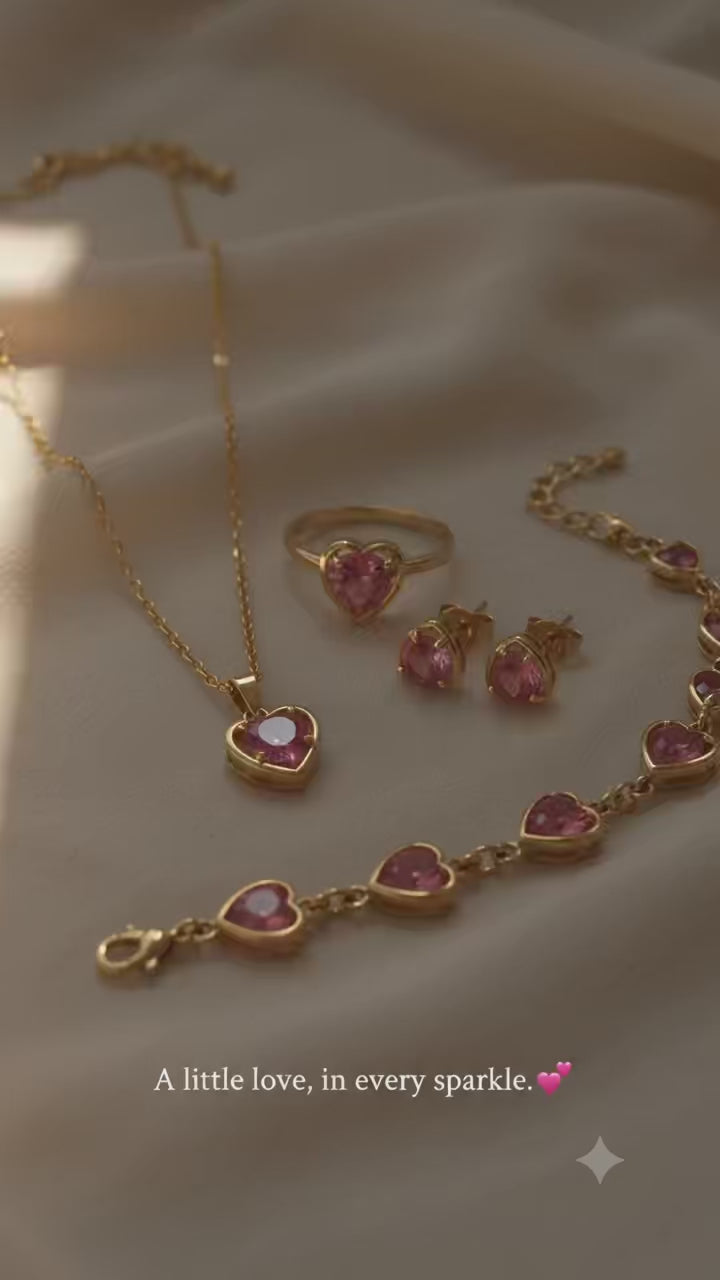 Heart Pink Stone Jewelry Set, Gold-Tone Necklace Bracelet Earrings Ring, 4-Piece Set