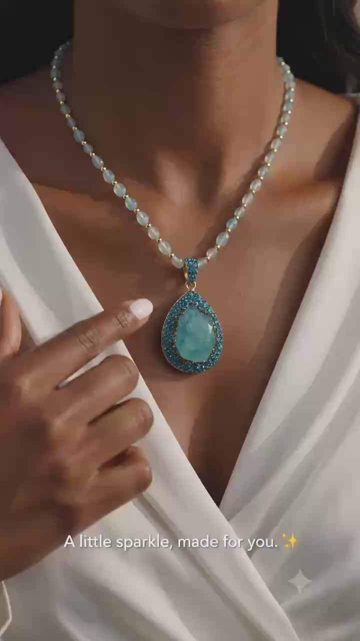 Aqua Blue Crystal Teardrop Necklace Elegant Teardrop Pendant Necklace with Turquoise Stone and Gold-Tone Beads for Women's Fashion Jewelry