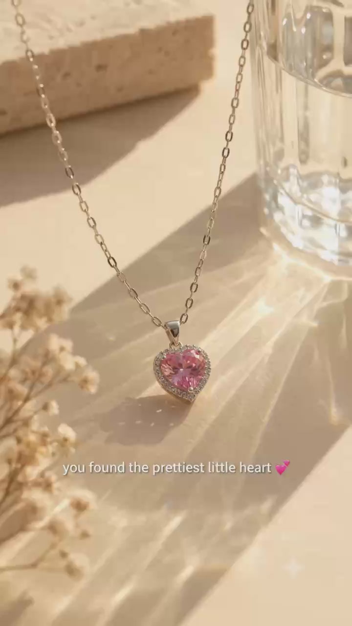 Pink Heart Pendant Necklace for Women, Silver Tone Gold Tone Sparkling Halo Heart Necklace, Romantic Everyday Jewelry Gift