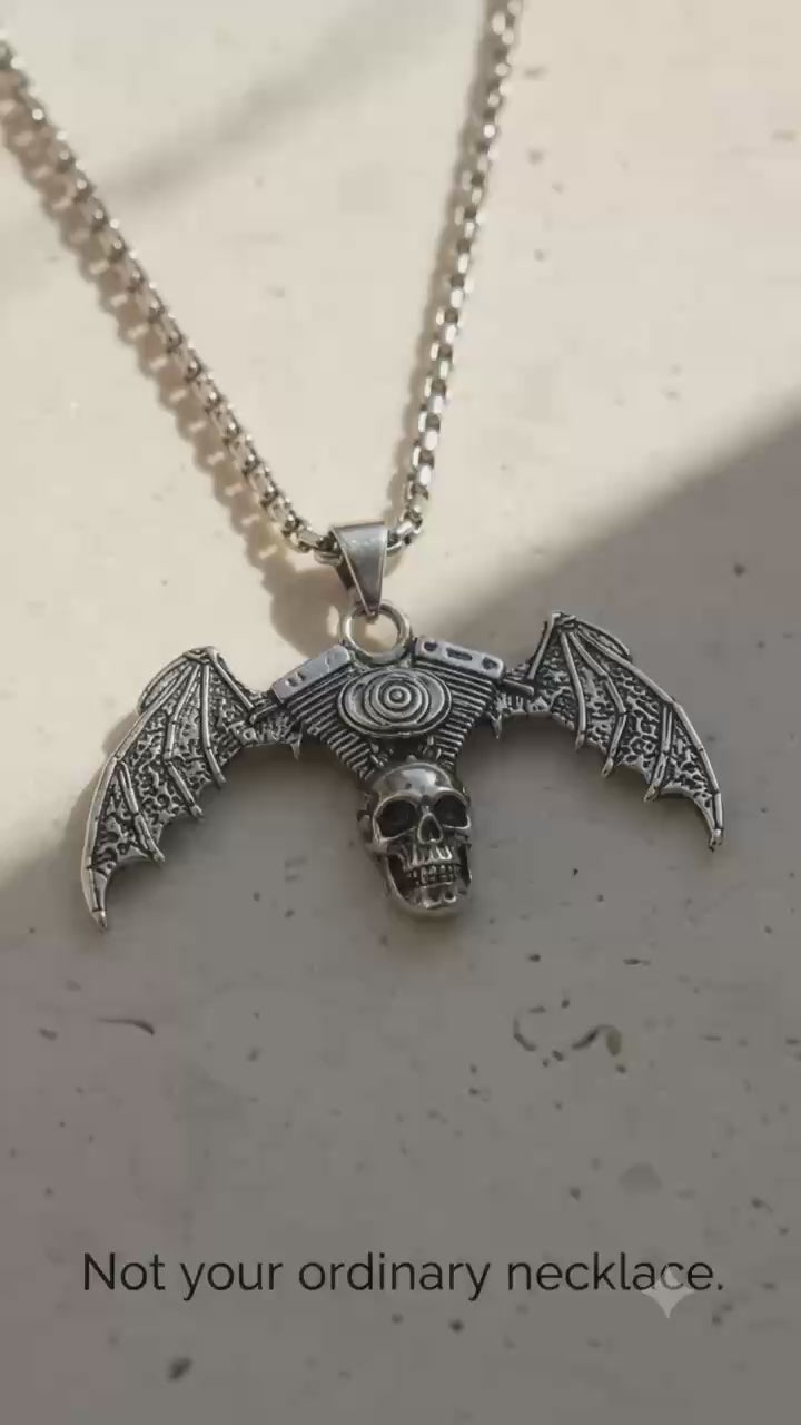 Winged Skull Pendant Necklace for Women & Men, Silver Tone Gothic Statement Chain, Vintage Punk Fashion Jewelry