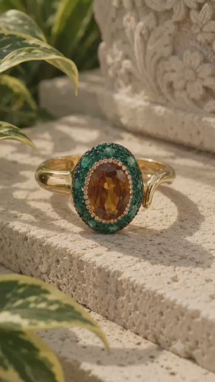 Emerald Green & Amber Statement Bracelet for Women, Gold-Tone Oval Gemstone Cuff, Elegant Vintage-Inspired Jewelry