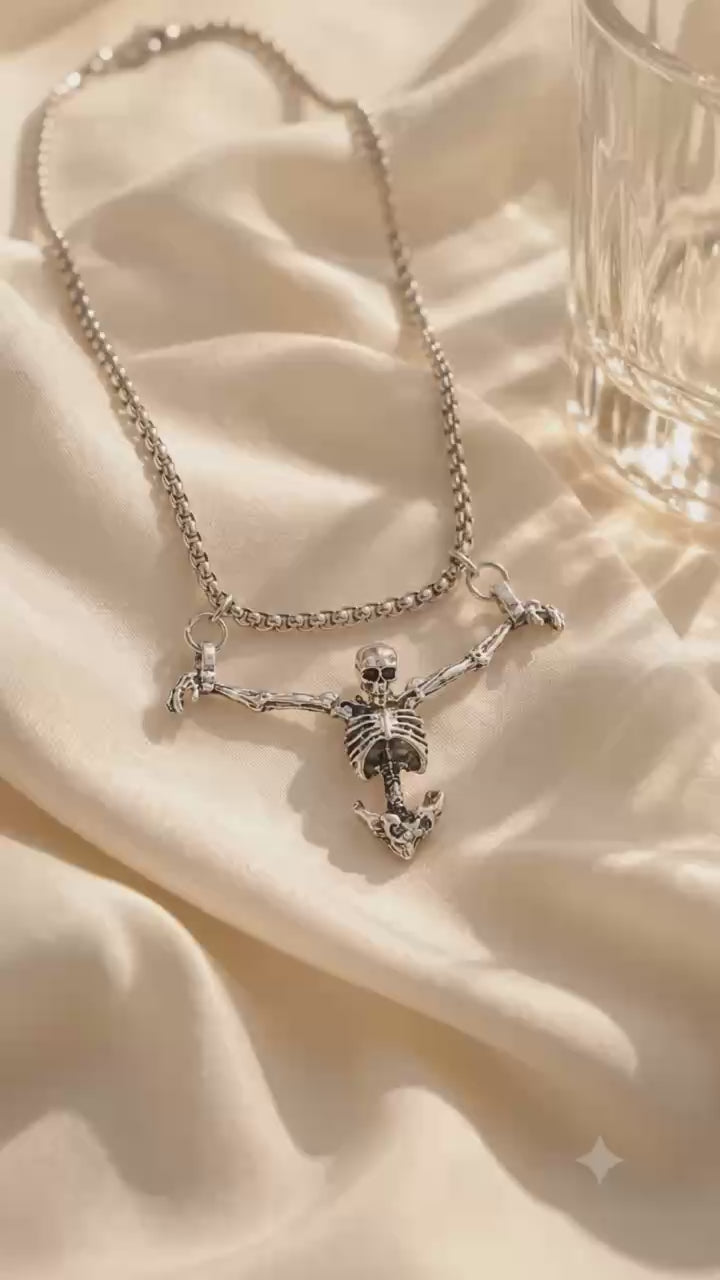 Gothic Skeleton Pendant Necklace for Women & Men, Silver Tone Punk Statement Chain, Halloween Costume Jewelry, Vintage Alternative Style