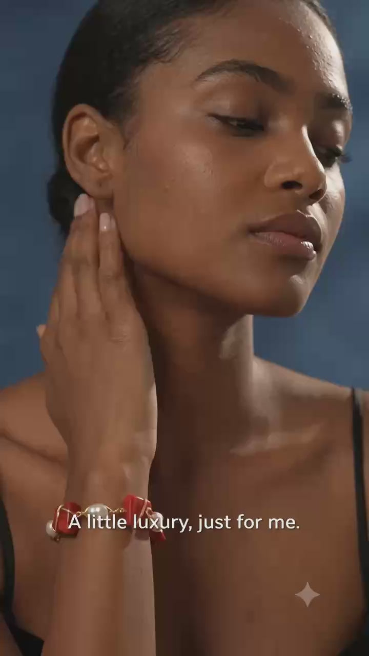 Red Coral & Freshwater Pearl Gold Wire-Wrapped Statement Bracelet